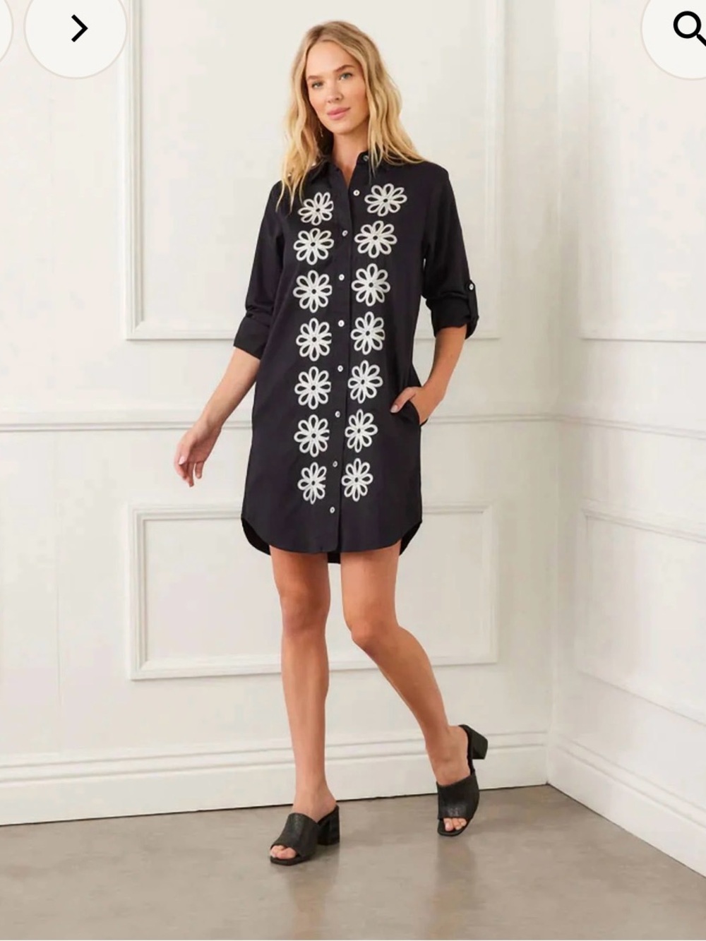 Karen Kane Black Shirt Dress with Embroidered Detail!
